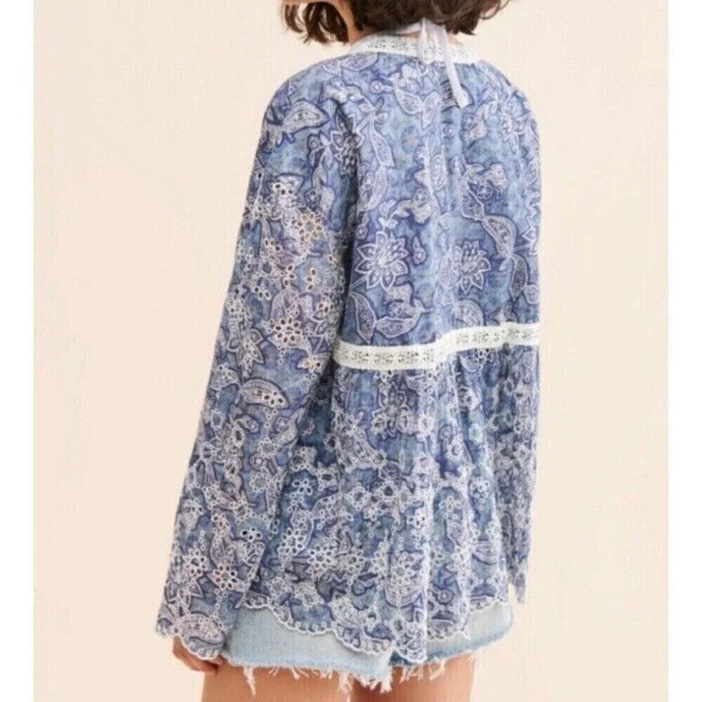 Free People Anissa Blue White Eyelet Tie Front Tunic Boho Chic Bed Jacket Small
